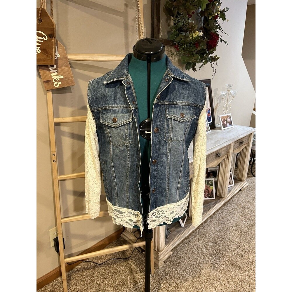 Upcycled Denim Jacket Lace Sleeves Handmade Boho Boutique Womens M - Picture 2 of 8